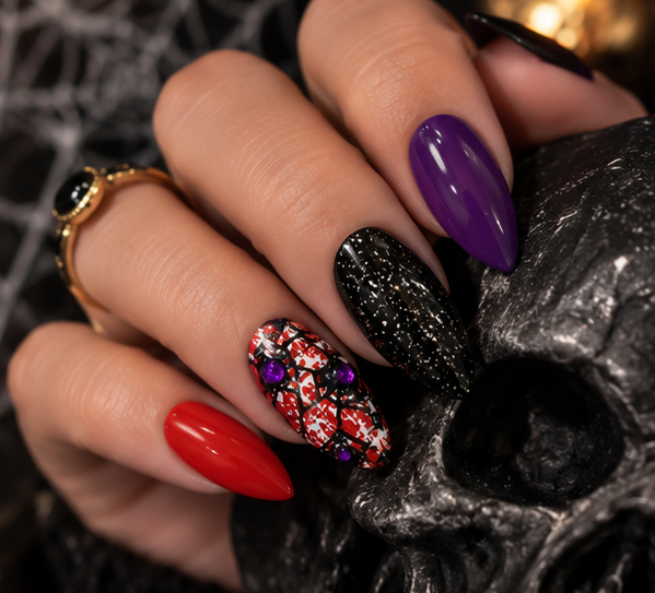 Hand wearing the Spidergirl Lives! Halloween press-on nails