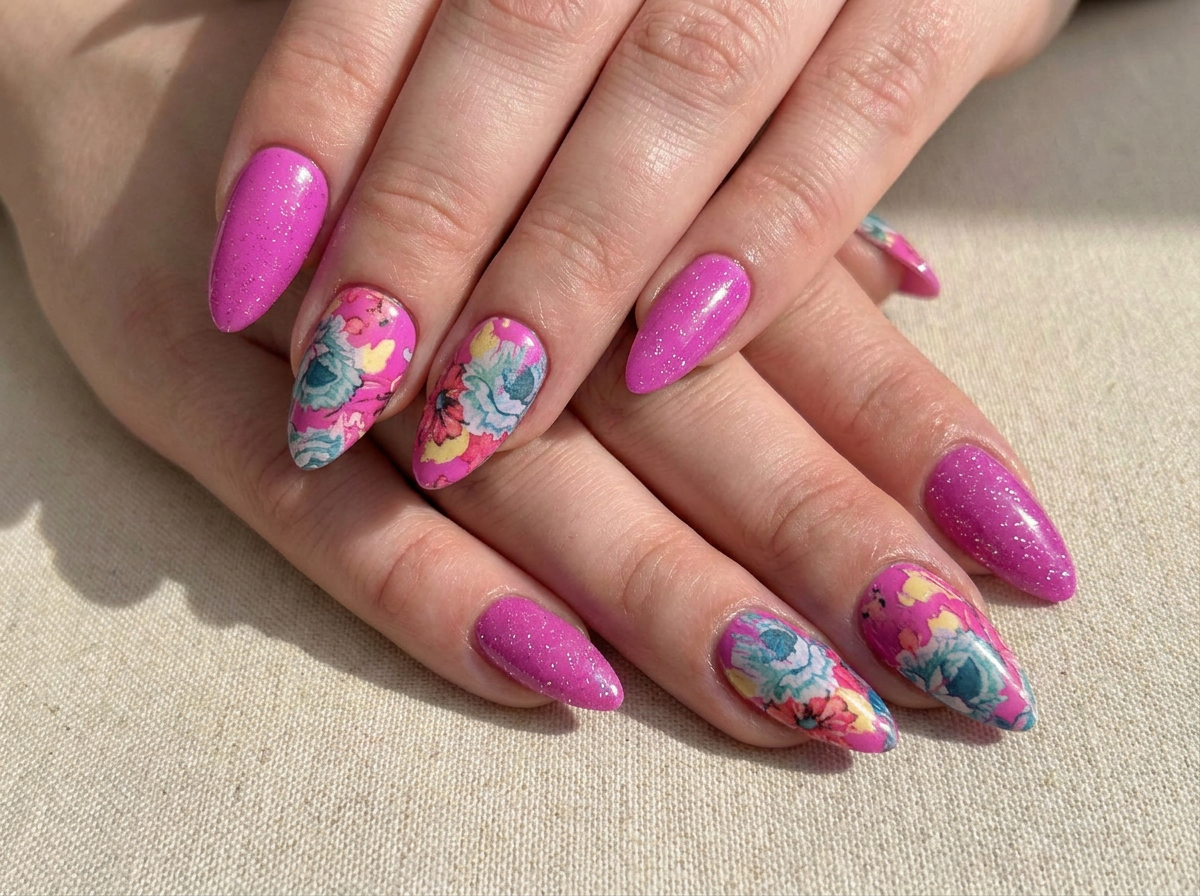 Pink glitter press-on nails with hand-painted floral accents